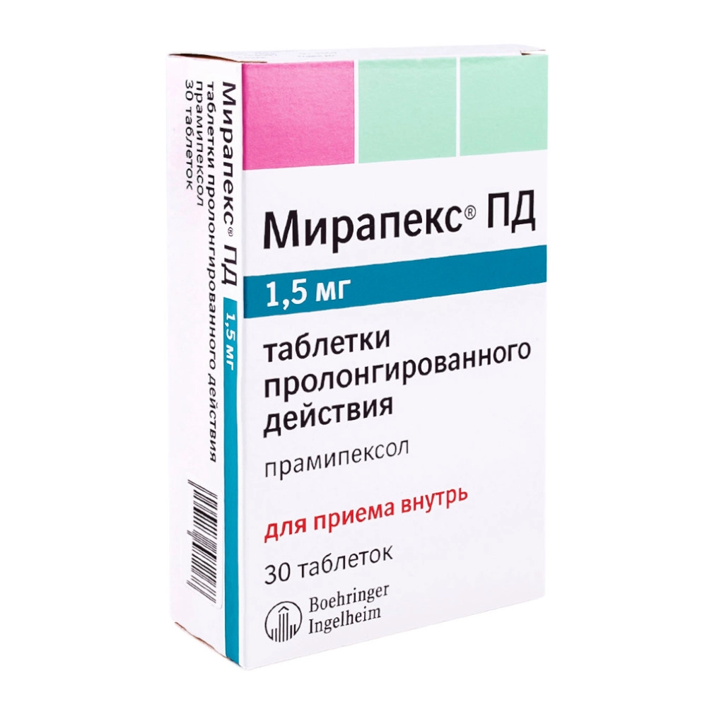 изображение Мирапекс ПД таб.пролонг.в. 1.5мг N30 вн от интернет-аптеки ФАРМЭКОНОМ